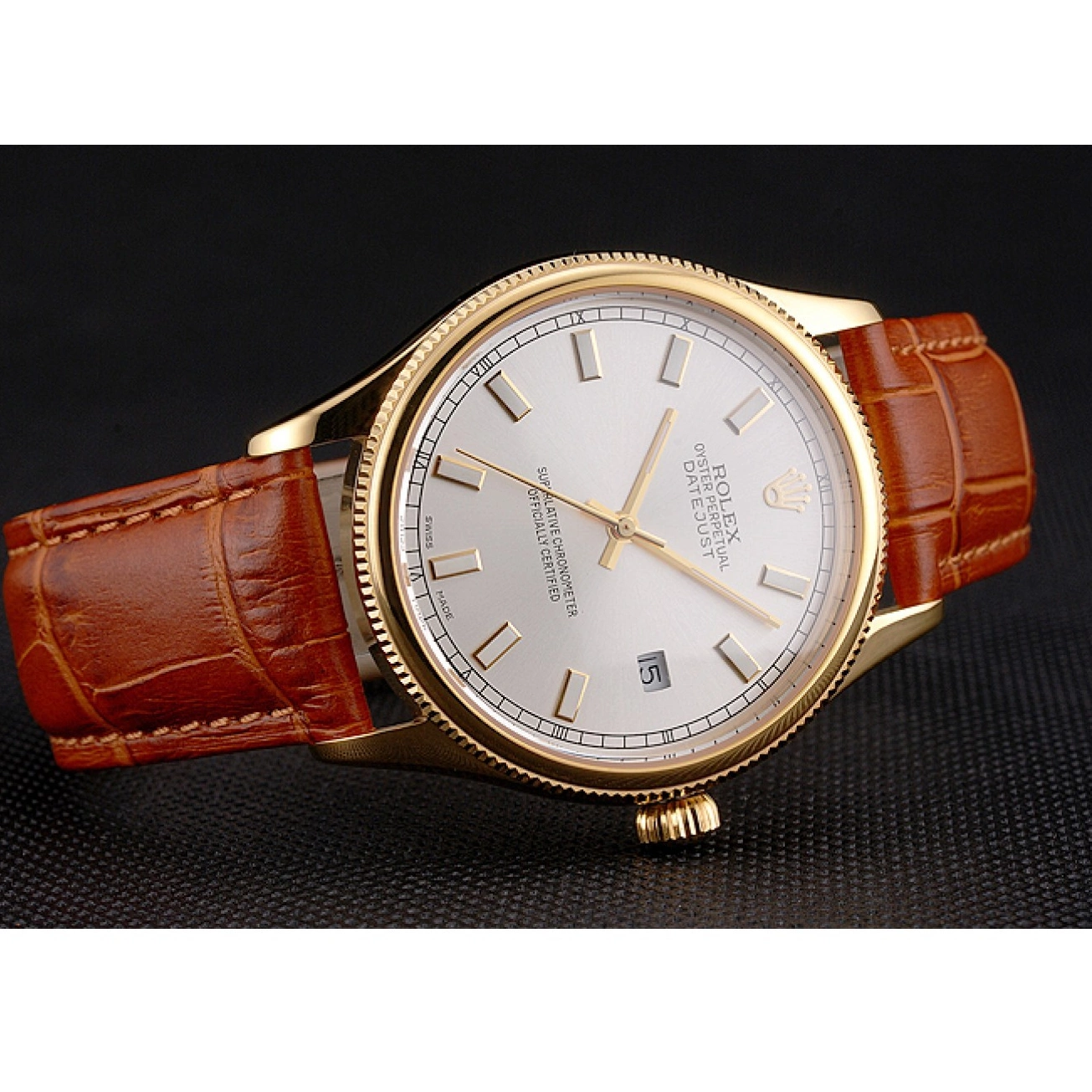 Aaa replica watch Brown Strap Rolex Leather Swiss Gold Datejust Dial Light White Case 0824
